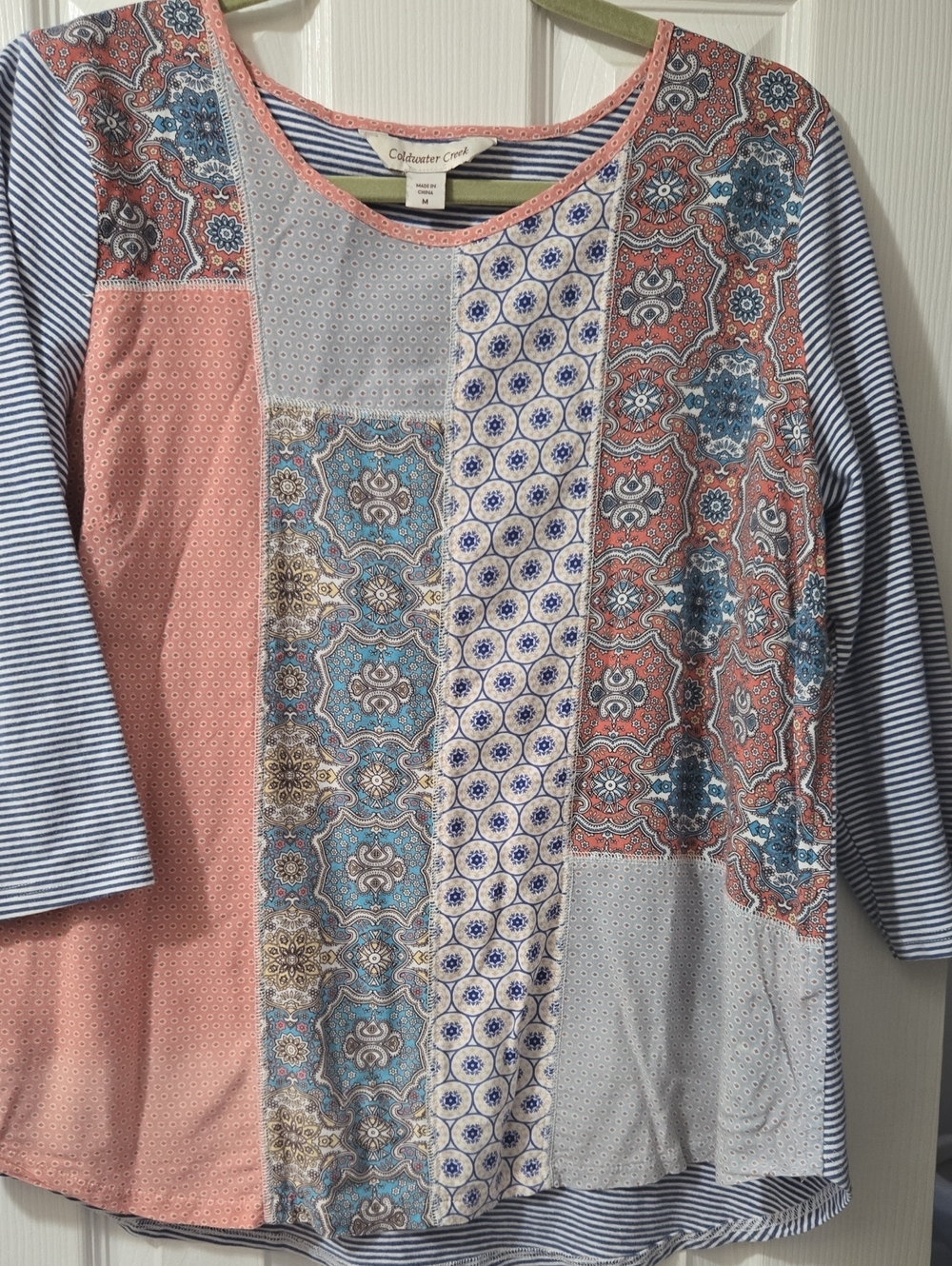 Coldwater Creek Patchwork Scoop Neck Top in Pink and Blue